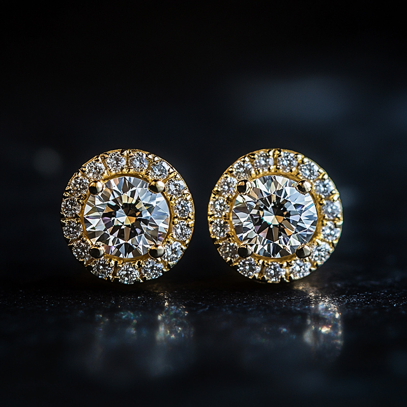 Brilliant Round Cut Halo Stud Earrings In Gold Moissanite