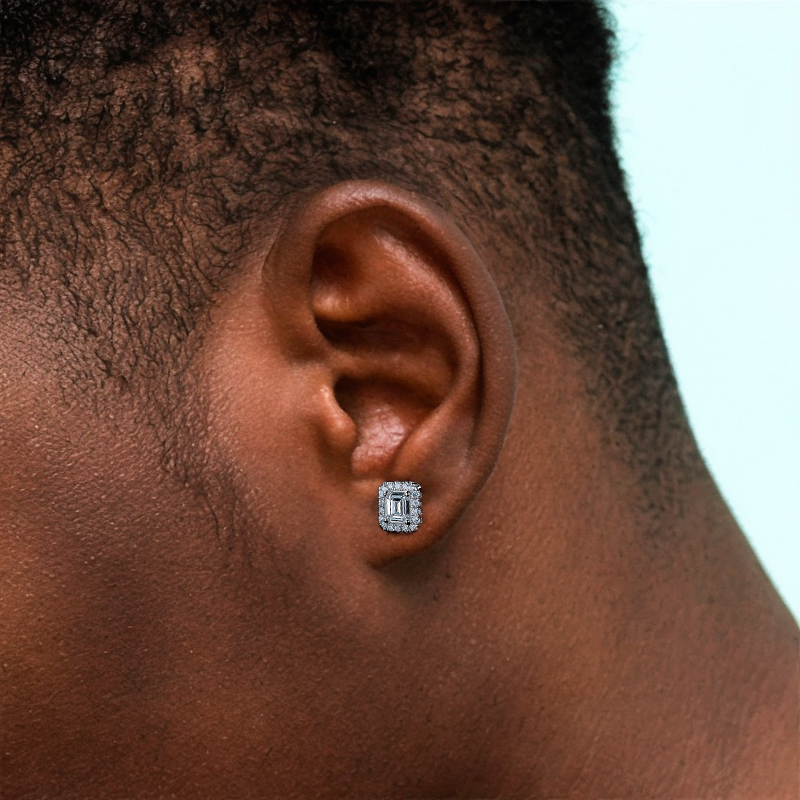 Baguette Cut Halo Stud Earrings Moissanite With Street Luxury Shine - Image 4