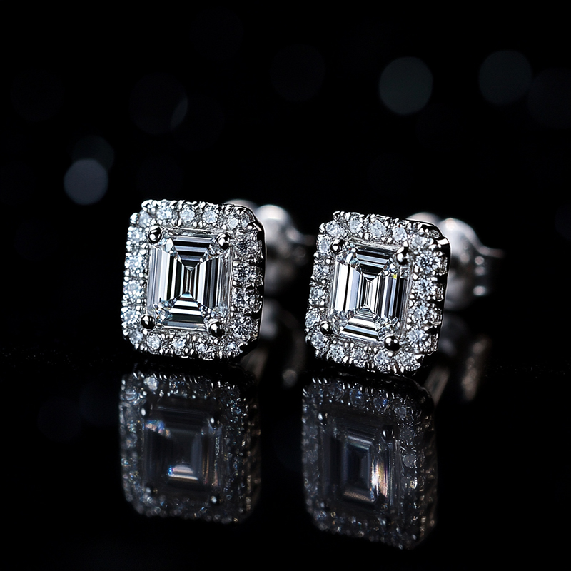 Baguette Cut Halo Stud Earrings Moissanite With Street Luxury Shine