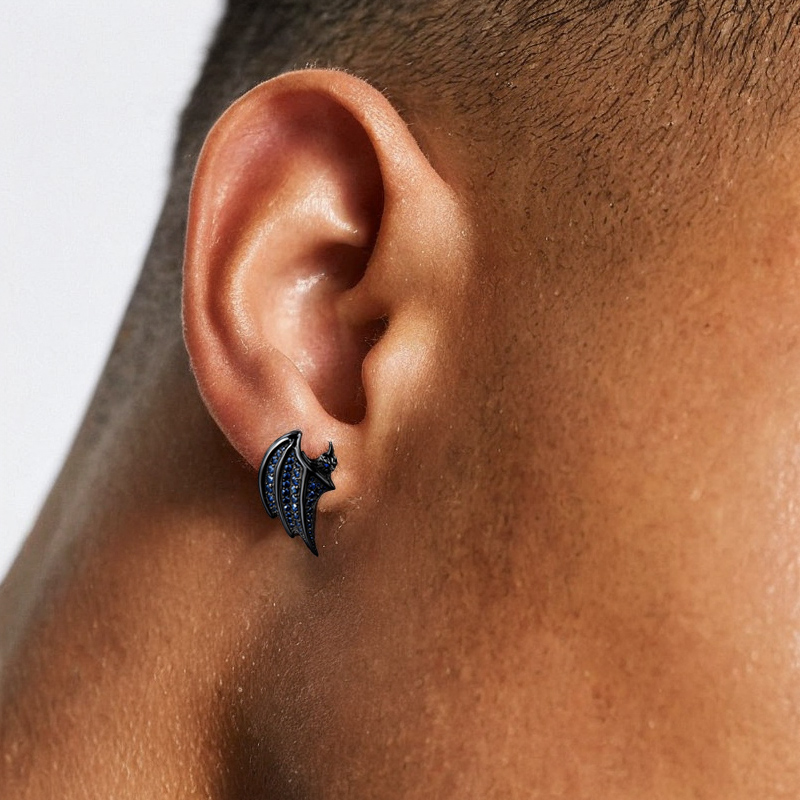 Royal Blue Sapphire Bats Stud Earrings In Black Gold With Gold Shine - Image 3