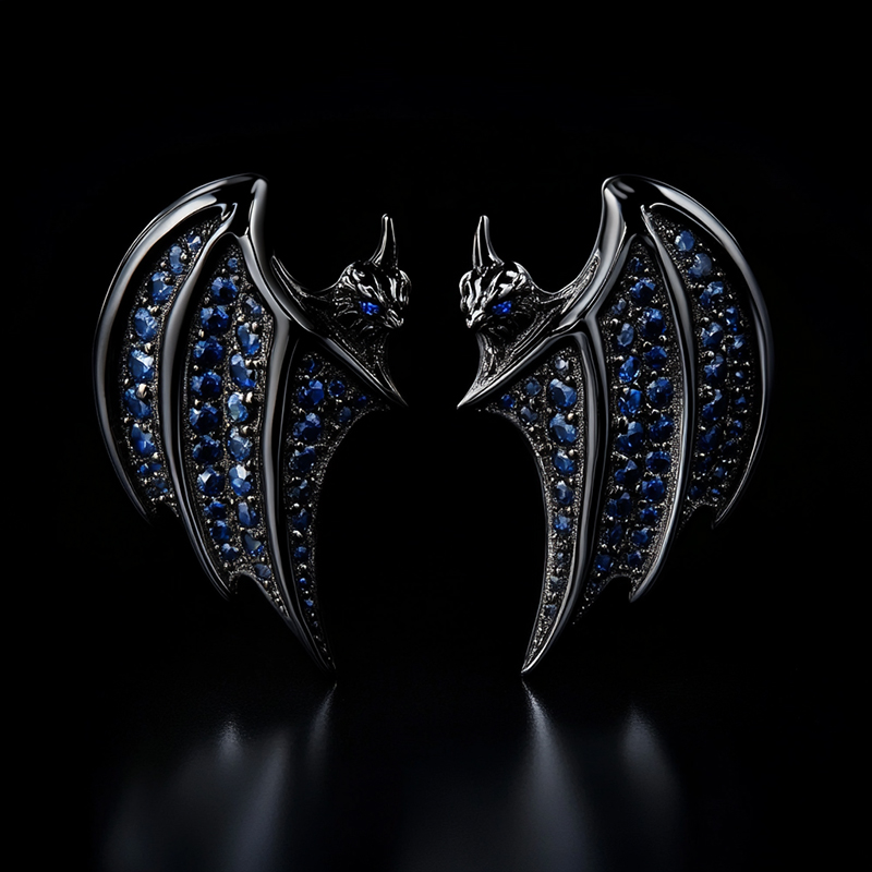 Royal Blue Sapphire Bats Stud Earrings In Black Gold With Gold Shine - Image 4