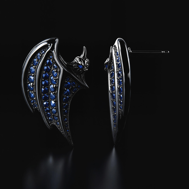 Royal Blue Sapphire Bats Stud Earrings In Black Gold With Gold Shine - Image 5