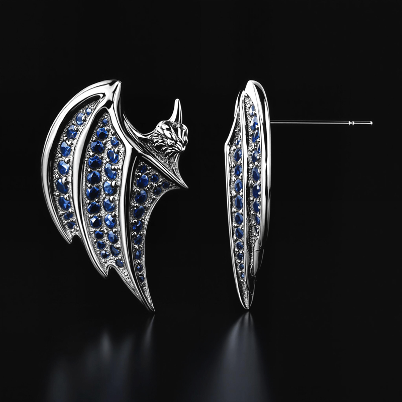 Royal Blue Sapphire Bats Stud Earrings In Black Gold With Gold Shine - Image 6