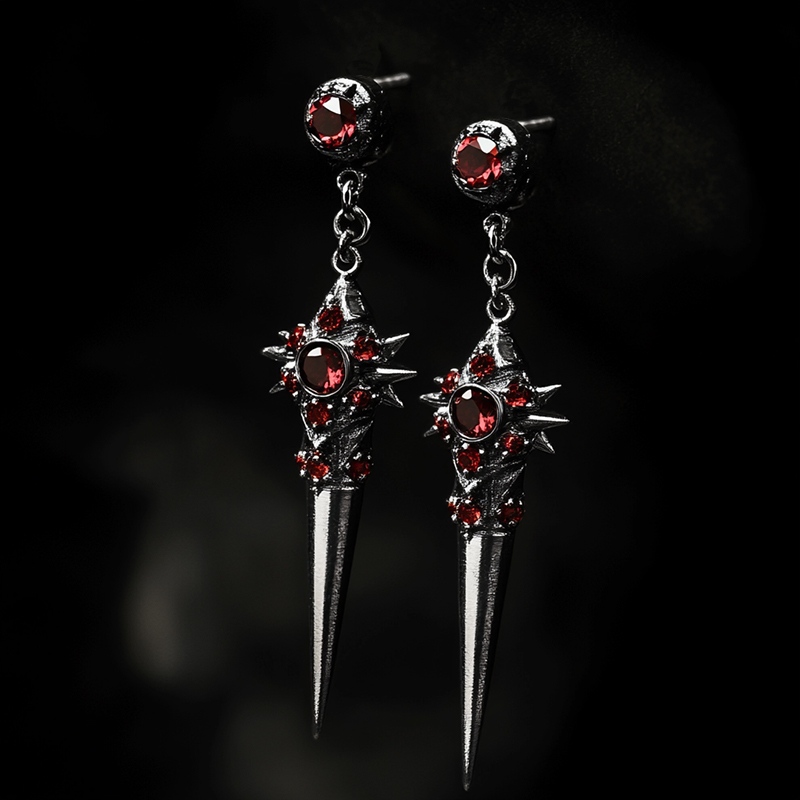 Gothic Thorn With Ruby Stud Drop Earrings Silver With Street Luxury Shine