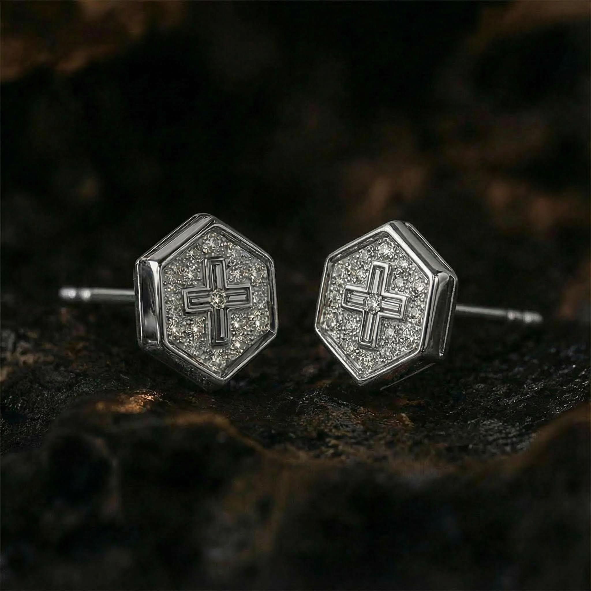 Iced Out Hexagon With Cross Stud Earrings Silver With Street Luxury Shine - Image 3