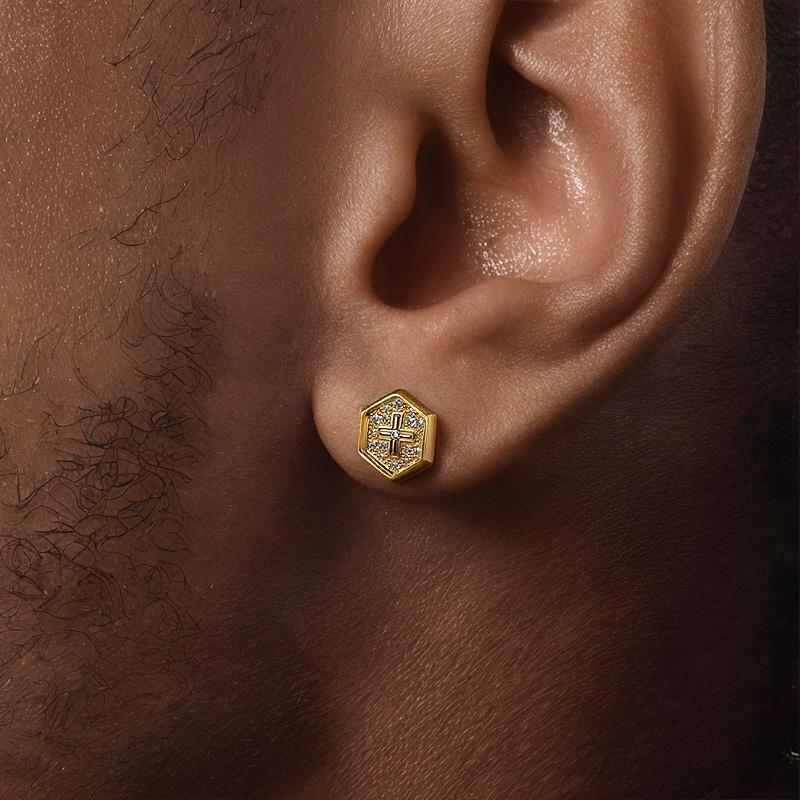 Iced Out Hexagon With Cross Stud Earrings Silver With Street Luxury Shine - Image 4