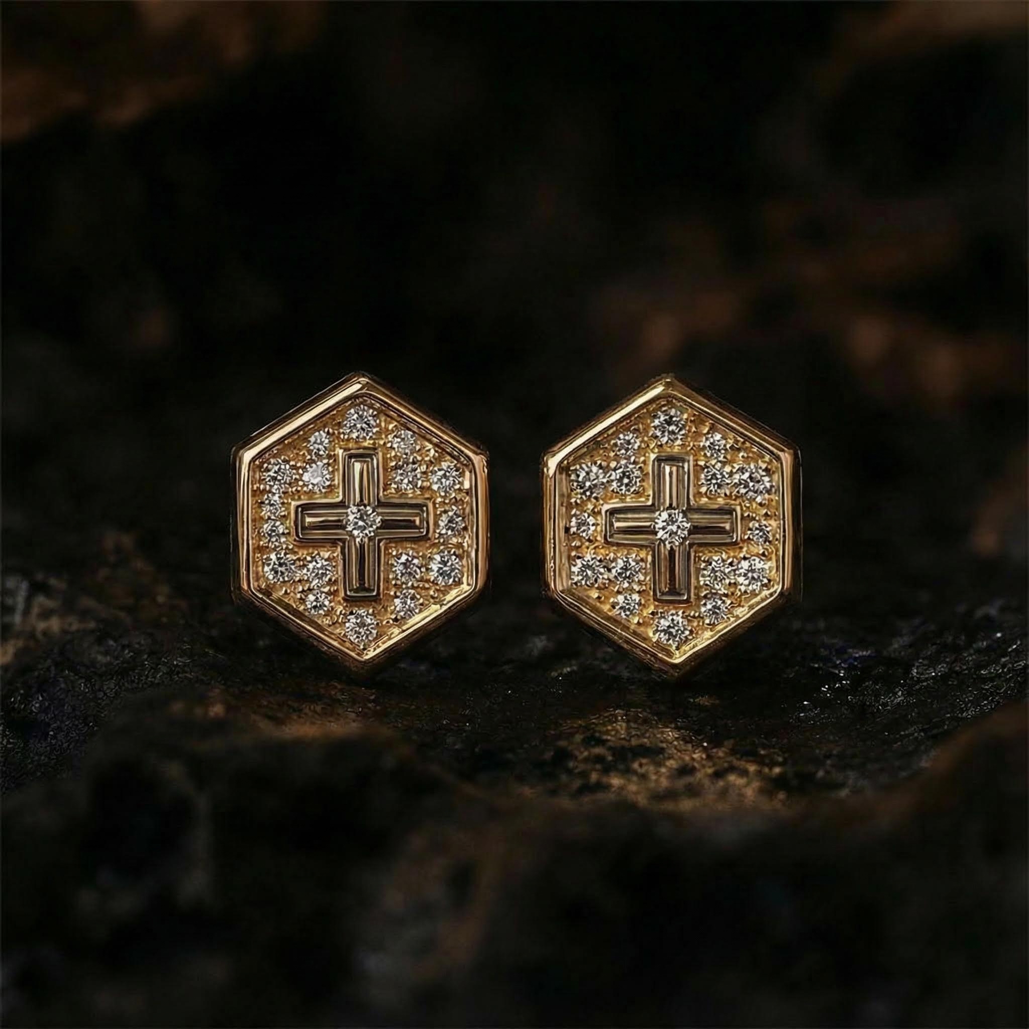 Iced Out Hexagon With Cross Stud Earrings Silver With Street Luxury Shine