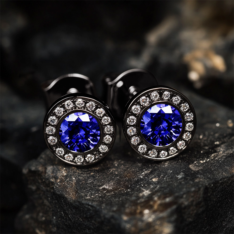 Brilliant Round Cut Halo Stud Earrings In Black Gold Moissanite - Image 4