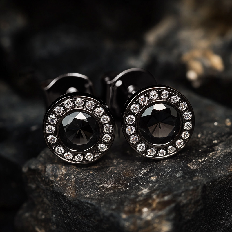Brilliant Round Cut Halo Stud Earrings In Black Gold Moissanite - Image 5