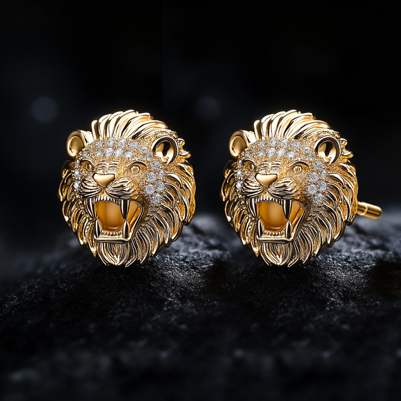 Lion Head Stud Earrings Moissanite With Street Luxury Shine