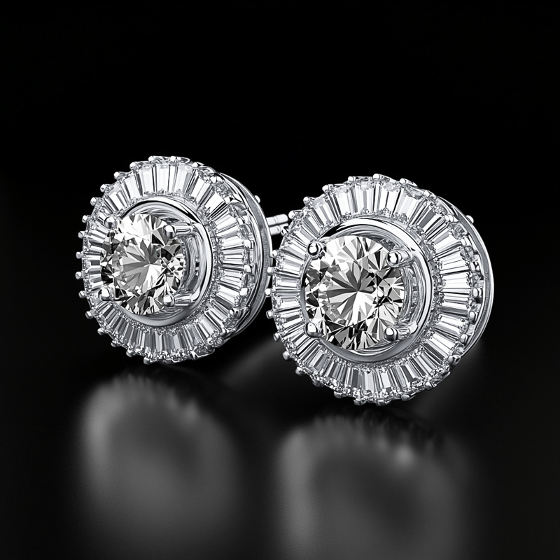Round Cut With Baguette Cut Stud Earrings Pendant With Street Luxury Shine - Image 3