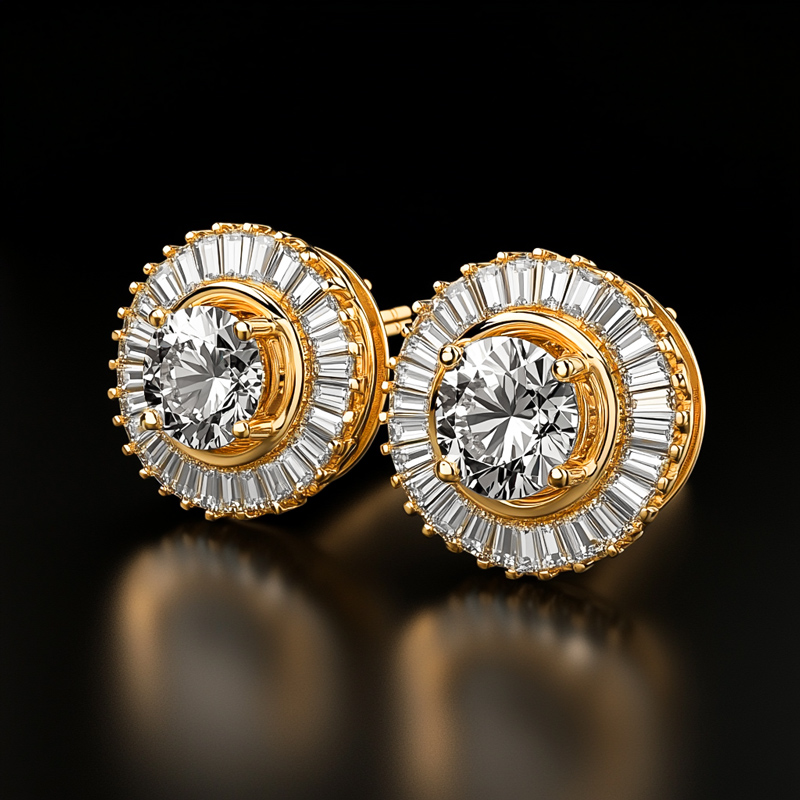 Round Cut With Baguette Cut Stud Earrings Pendant With Street Luxury Shine