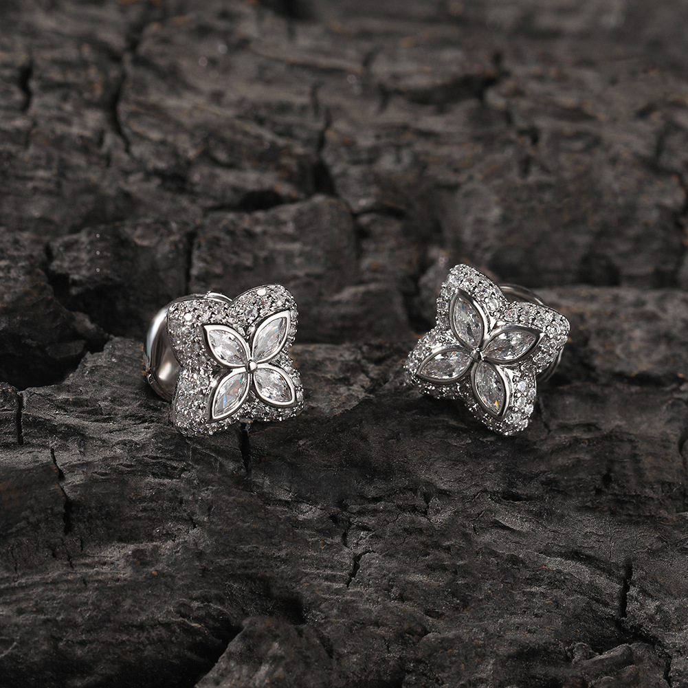 Iced Out Out Four Leaf Clover Emerald Stud Earrings Gold - Image 3