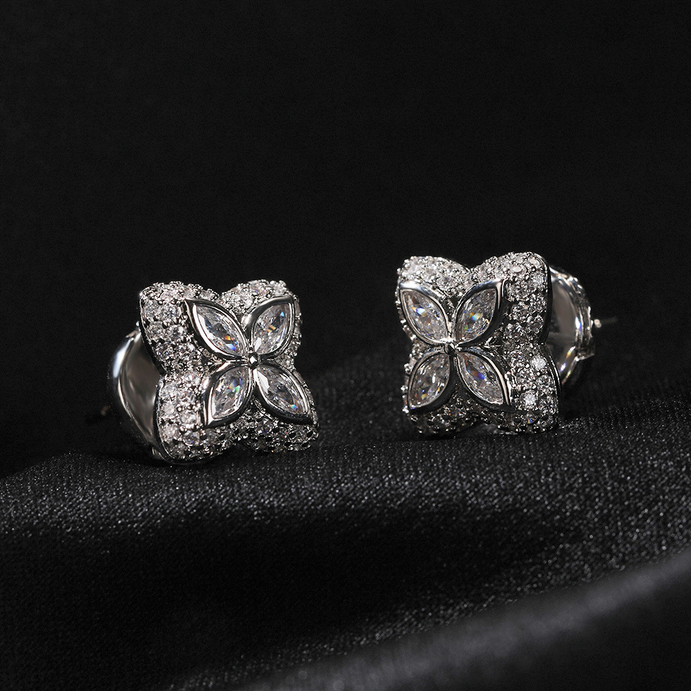 Iced Out Out Four Leaf Clover Emerald Stud Earrings Gold - Image 4