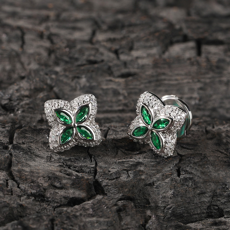 Iced Out Out Four Leaf Clover Emerald Stud Earrings Gold - Image 6