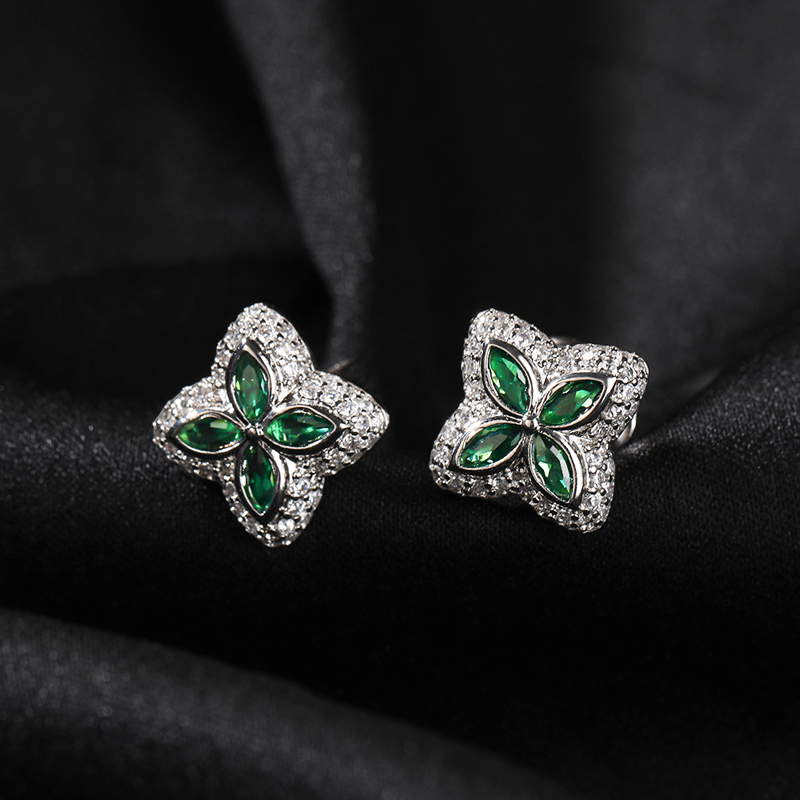 Iced Out Out Four Leaf Clover Emerald Stud Earrings Gold - Image 7