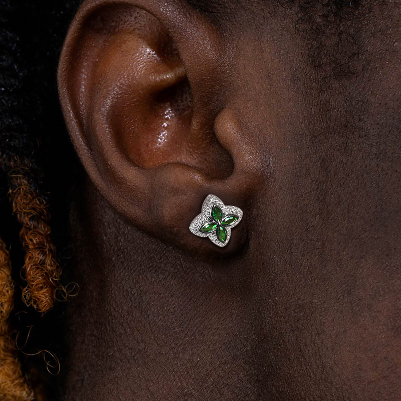 Iced Out Out Four Leaf Clover Emerald Stud Earrings Gold