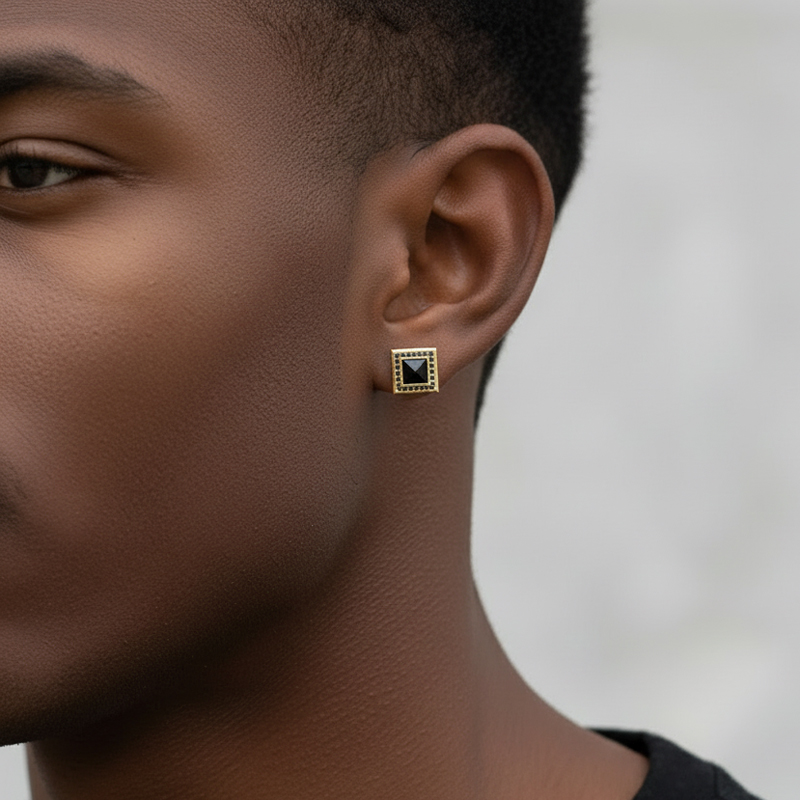Iced Out Square Black Stone Halo Earrings Silver With Street Luxury Shine - Image 3