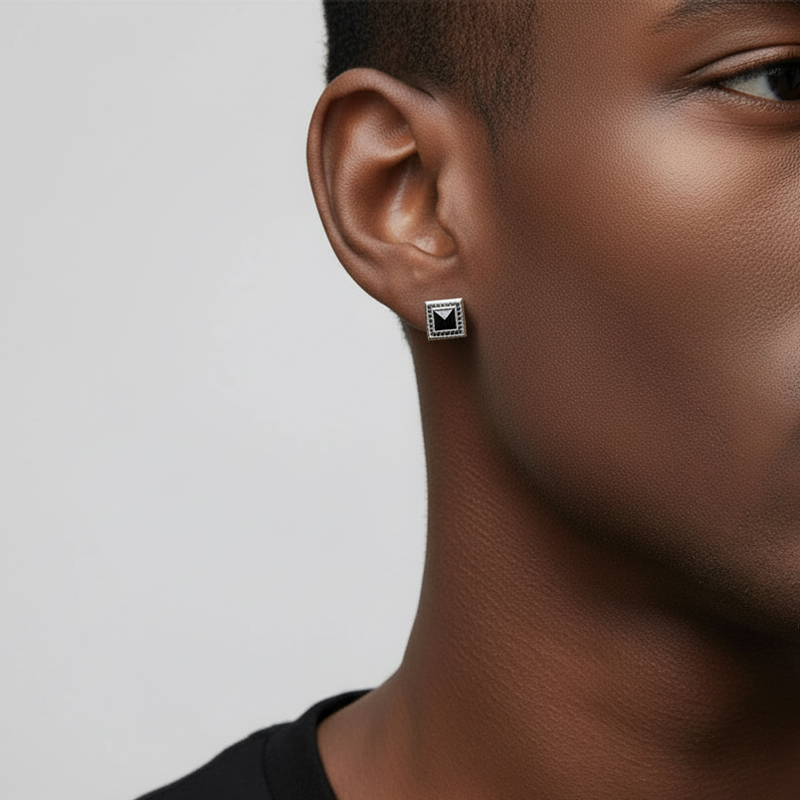 Iced Out Square Black Stone Halo Earrings Silver With Street Luxury Shine - Image 4