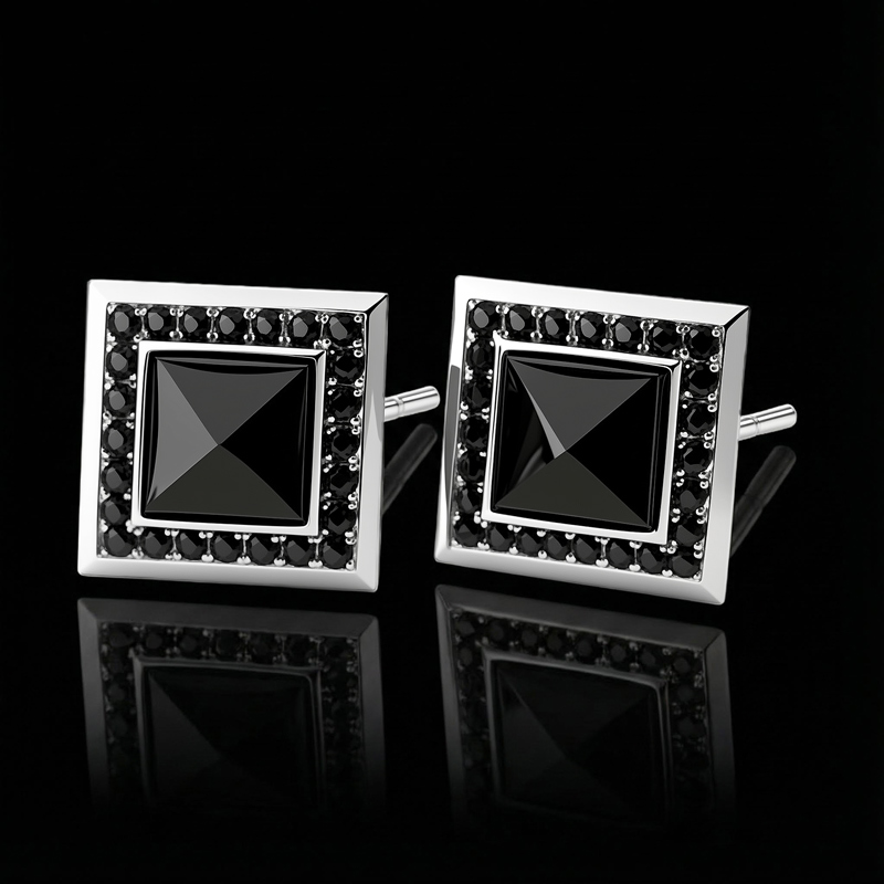 Iced Out Square Black Stone Halo Earrings Silver With Street Luxury Shine - Image 5