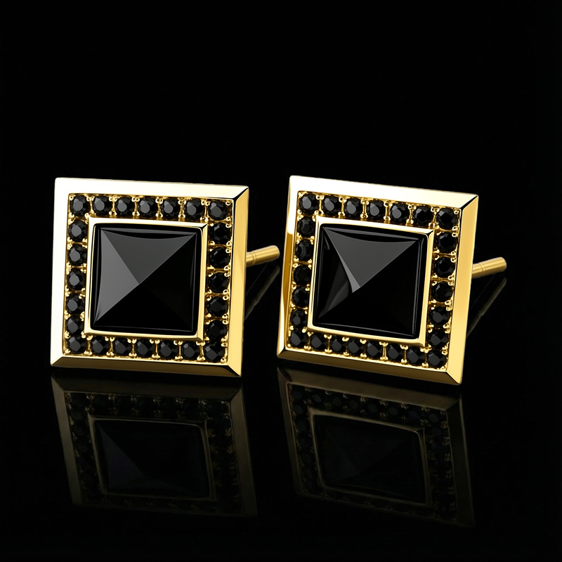 Iced Out Square Black Stone Halo Earrings Silver With Street Luxury Shine