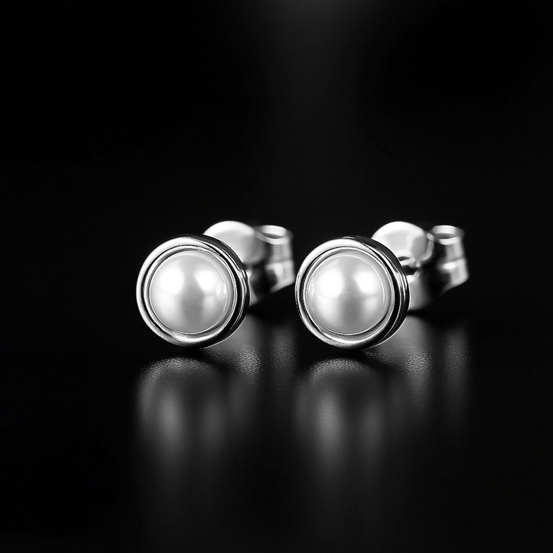 6mm/8mm Bezel-set White Freshwater Pearl Stud Earrings Silver