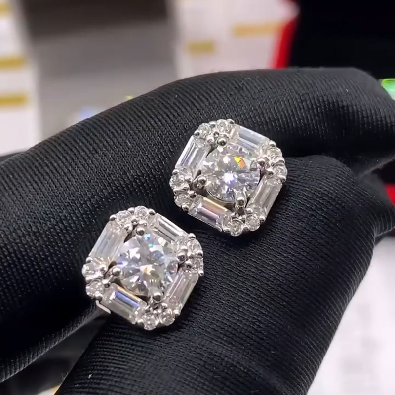 Round And Baguette Diamond Earrings Moissanite With Street Luxury Shine