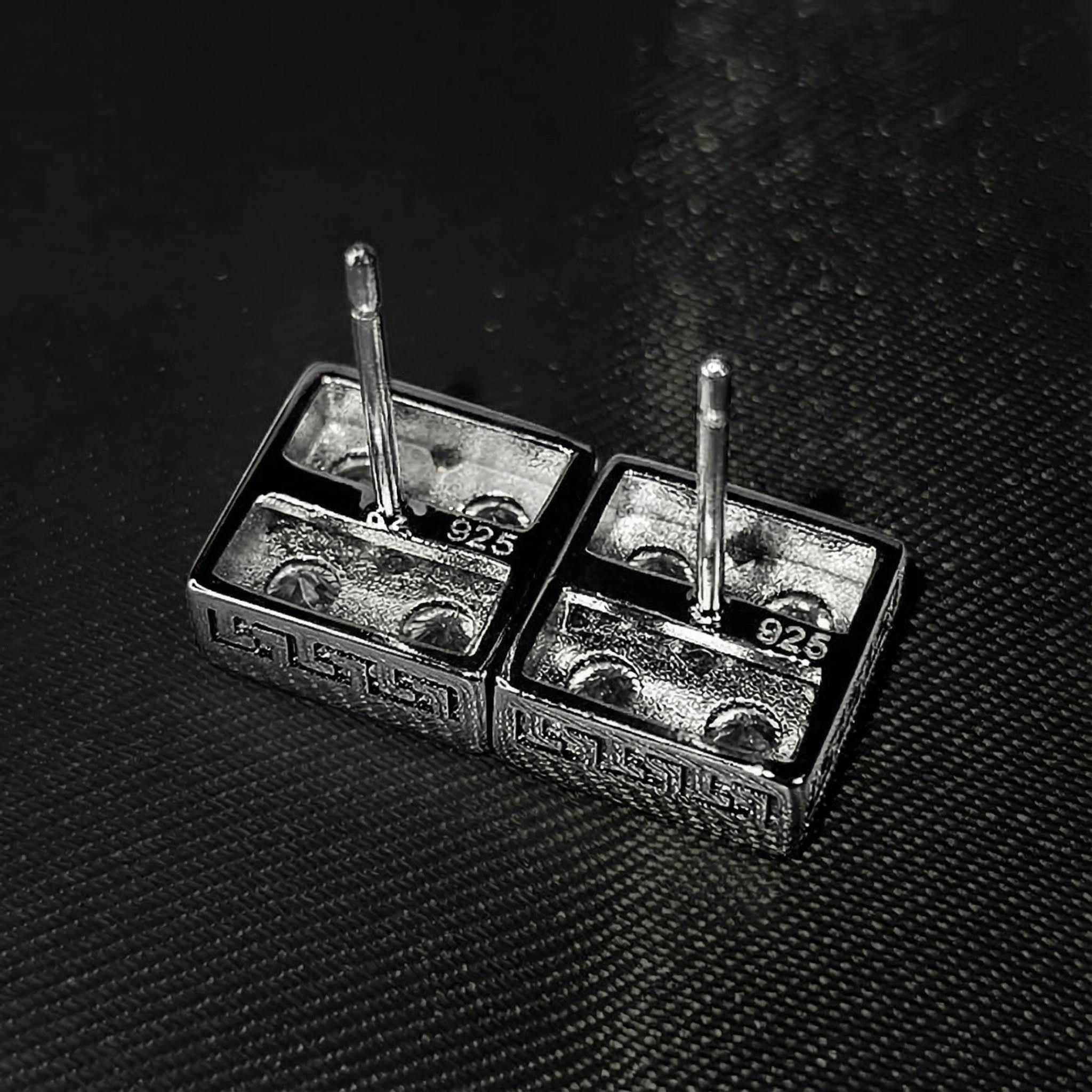 Iced Out Out Square Greek Key Stud Earrings Silver With Street Luxury Shine - Image 3
