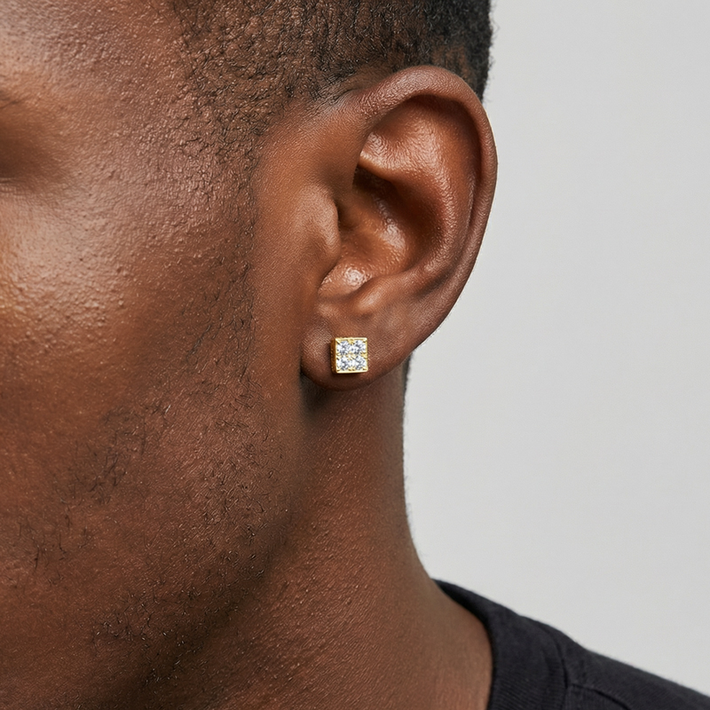Iced Out Out Square Greek Key Stud Earrings Silver With Street Luxury Shine - Image 4
