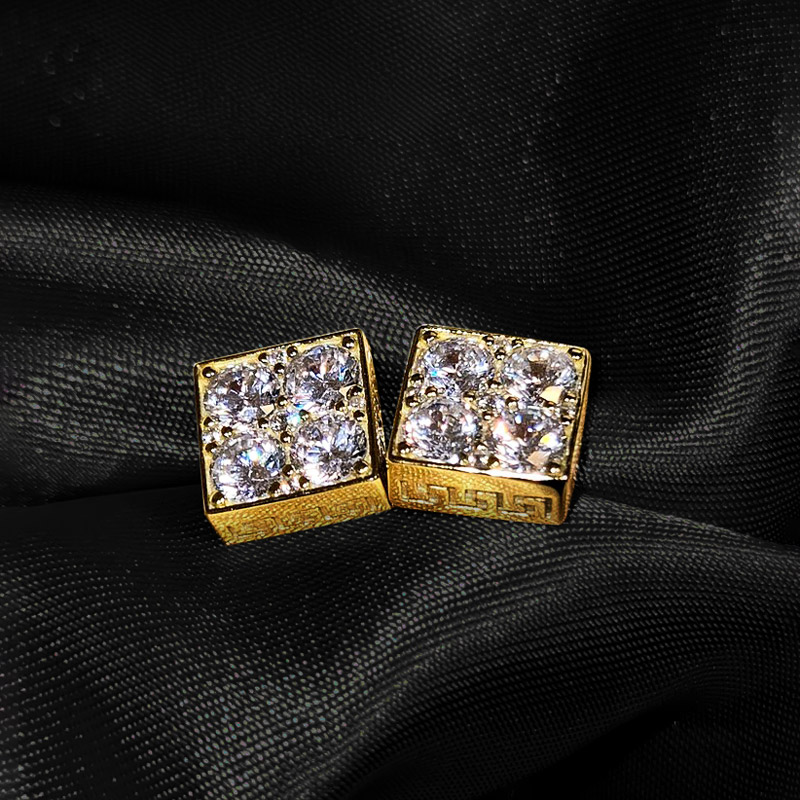 Iced Out Out Square Greek Key Stud Earrings Silver With Street Luxury Shine - Image 6