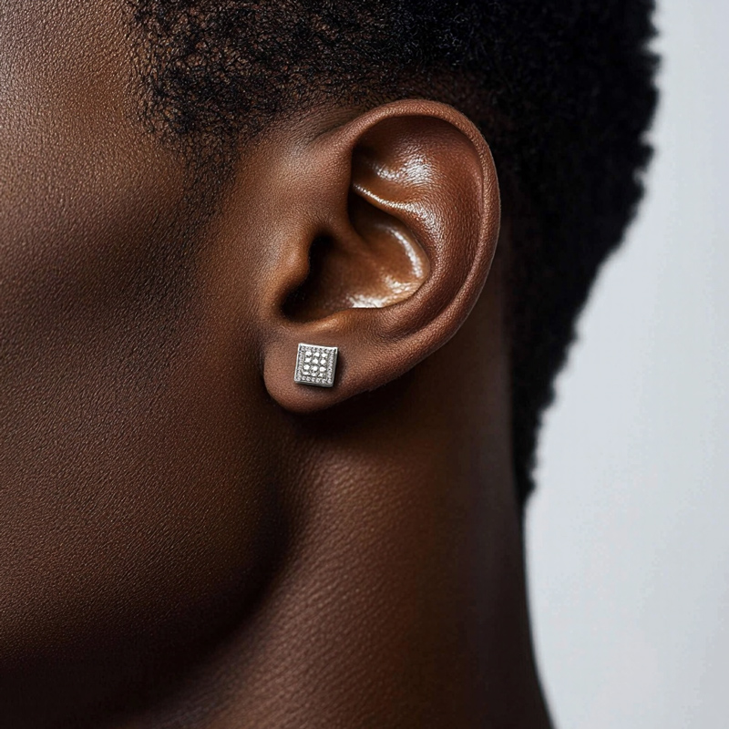 Iced Out Out Square Diamond Side Earrings Silver With Street Luxury Shine - Image 3