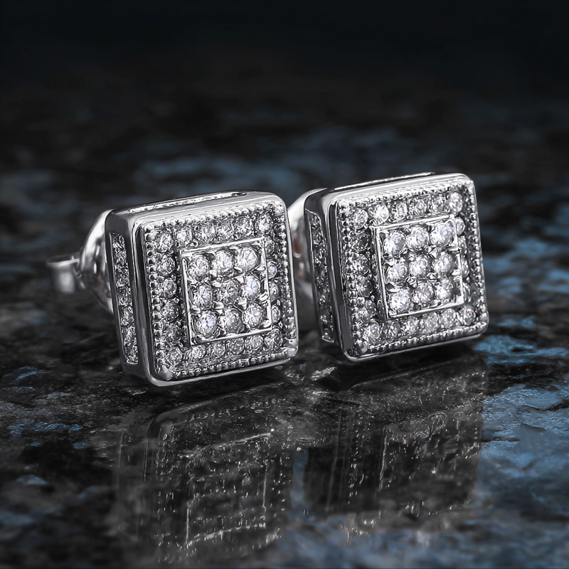 Iced Out Out Square Diamond Side Earrings Silver With Street Luxury Shine
