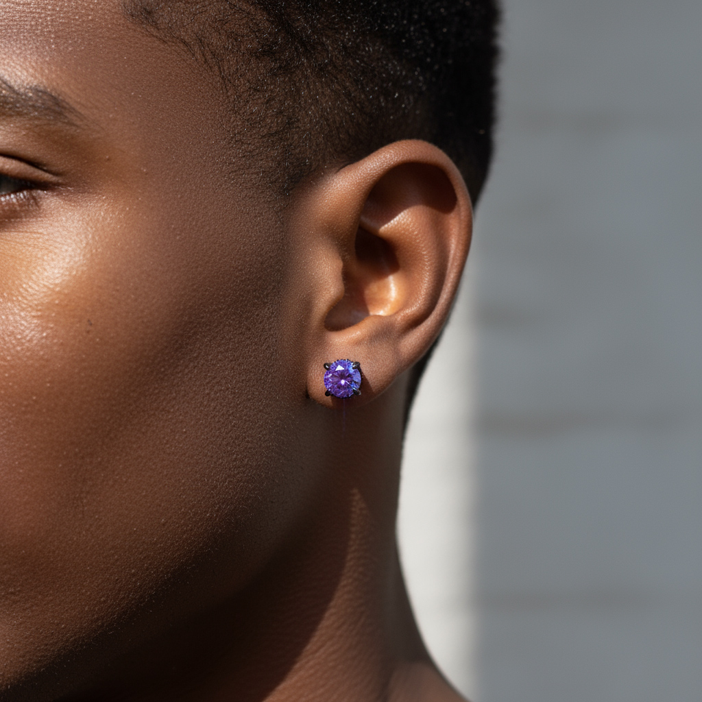 Bold Black/purple/blue Round&baguette Cut Full Paved Earrings In Black Gold - Image 4