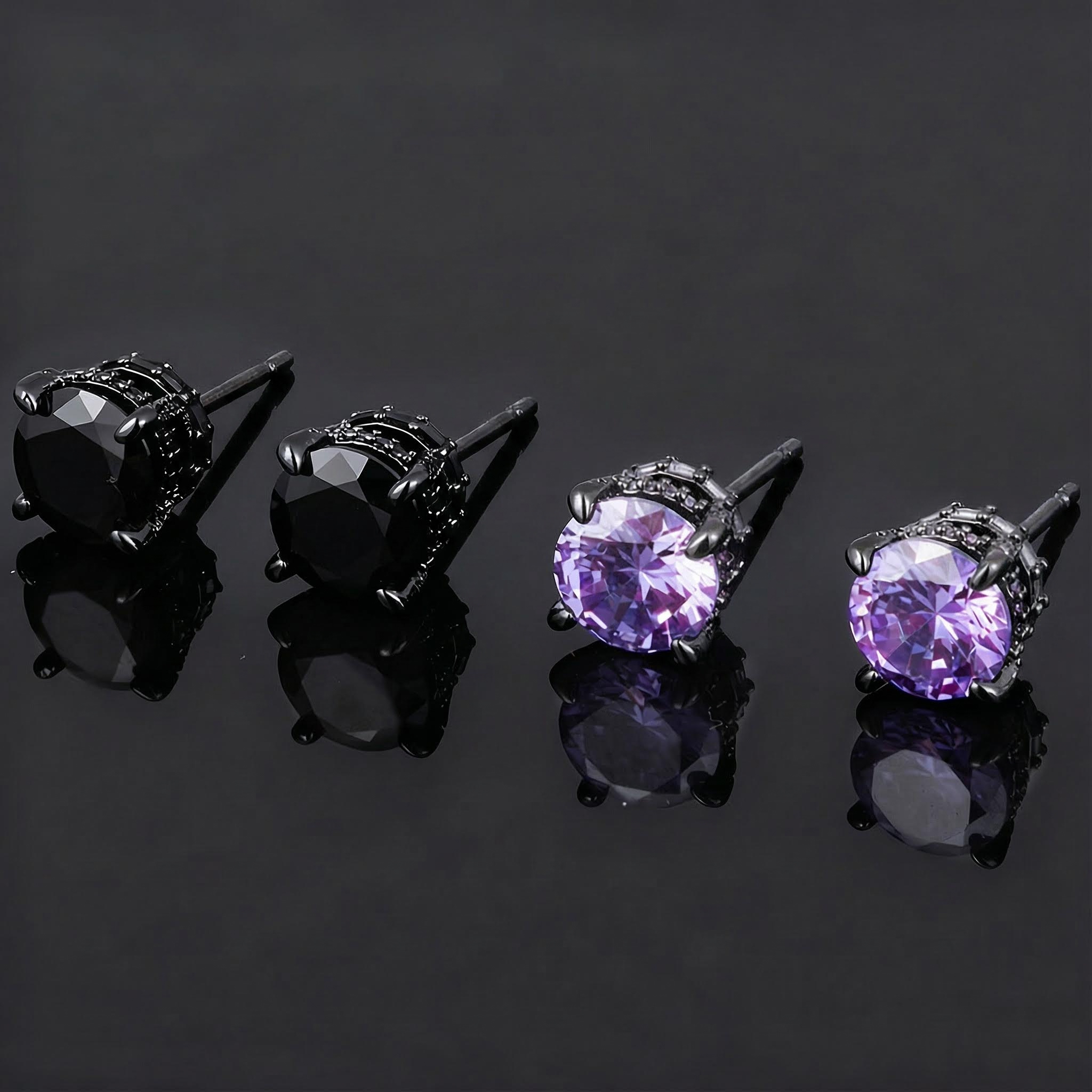 Bold Black/purple/blue Round&baguette Cut Full Paved Earrings In Black Gold