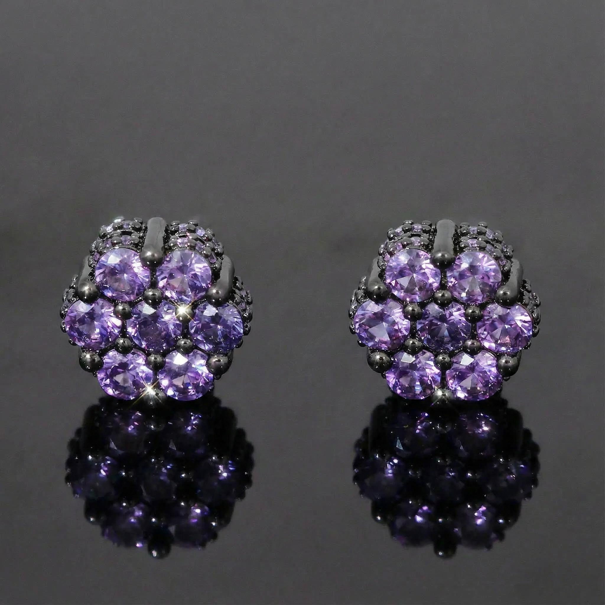 Iced Out Out Black/purple Cluster Flower Full Paved Earrings In Black Gold - Image 5