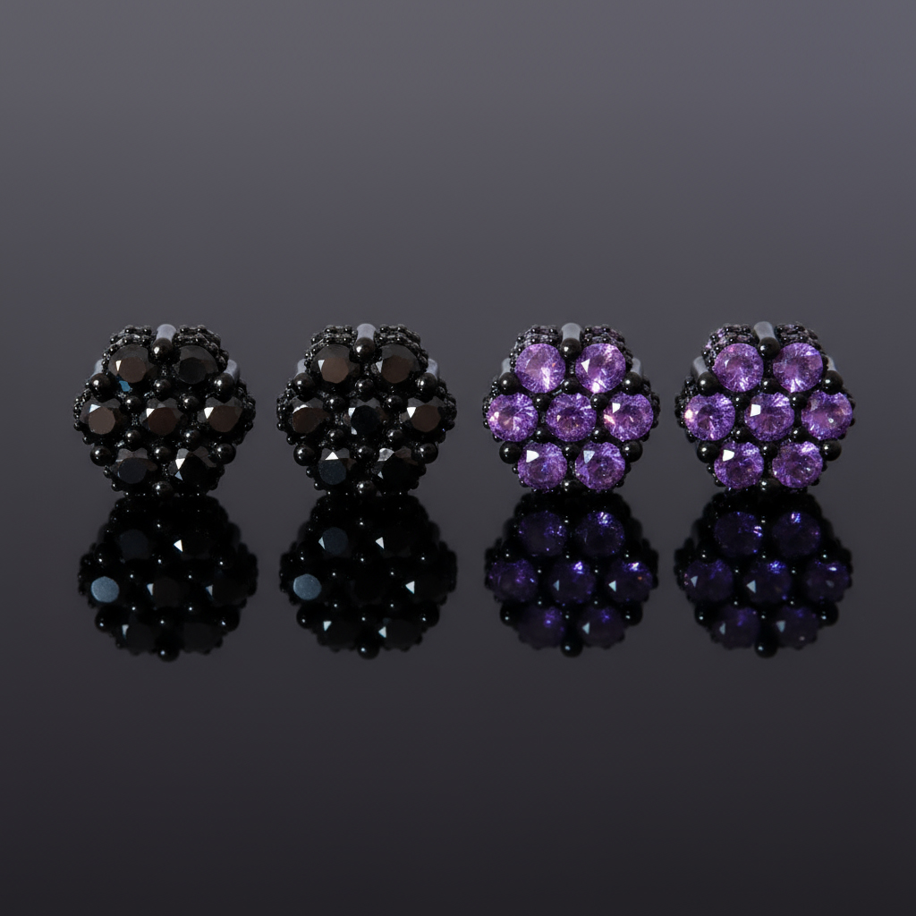 Iced Out Out Black/purple Cluster Flower Full Paved Earrings In Black Gold - Image 6