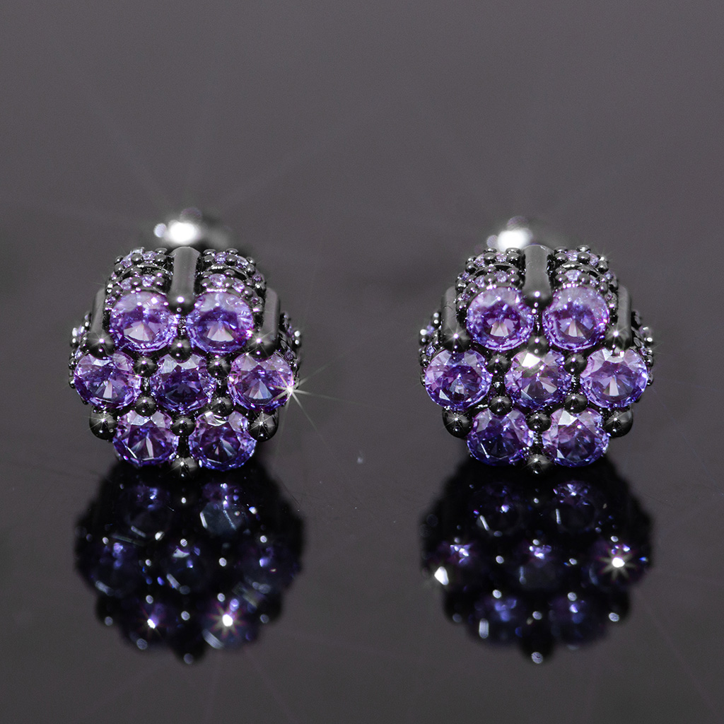 Iced Out Out Black/purple Cluster Flower Full Paved Earrings In Black Gold