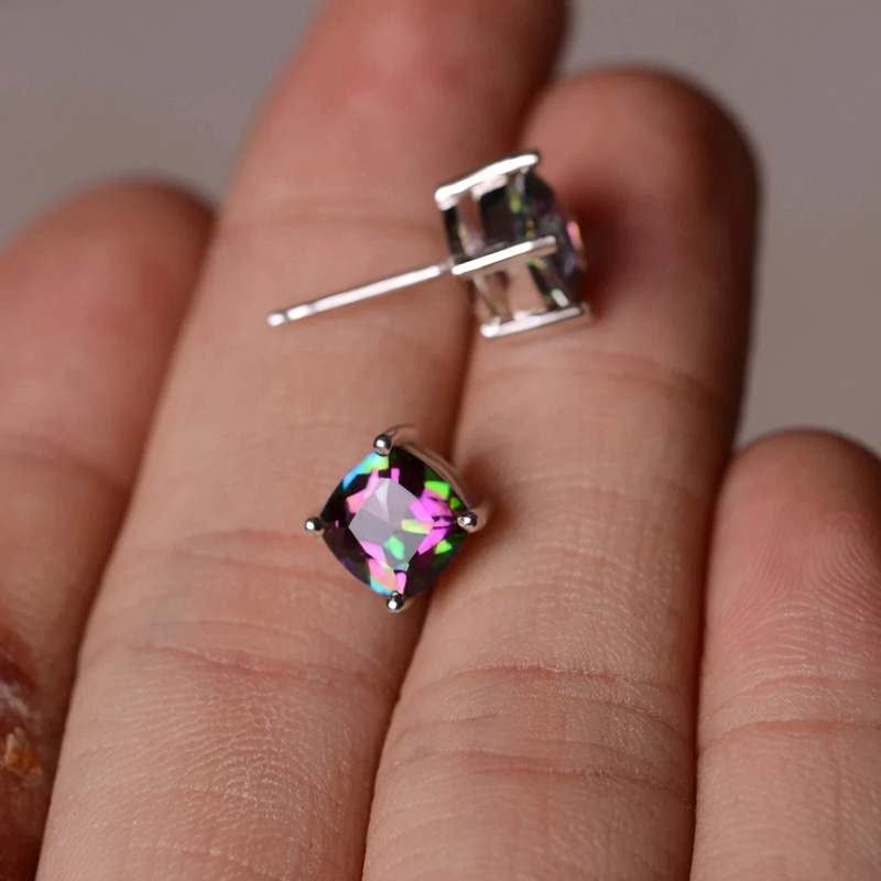 8mm Colorful Cushion Cut Stud Earrings Silver With Street Luxury Shine - Image 3
