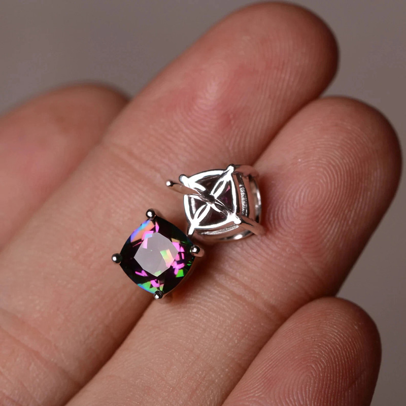 8mm Colorful Cushion Cut Stud Earrings Silver With Street Luxury Shine - Image 4