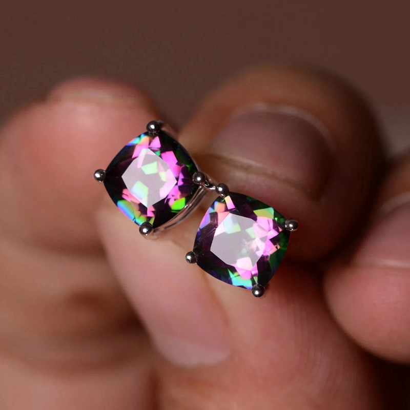 8mm Colorful Cushion Cut Stud Earrings Silver With Street Luxury Shine