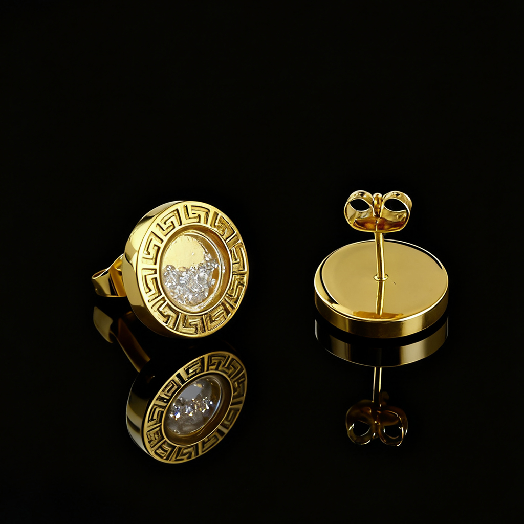 Greek Key Dancing Diamonds Stud Earrings Gold With Street Luxury Shine - Image 3