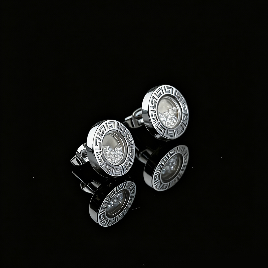 Greek Key Dancing Diamonds Stud Earrings Gold With Street Luxury Shine - Image 6