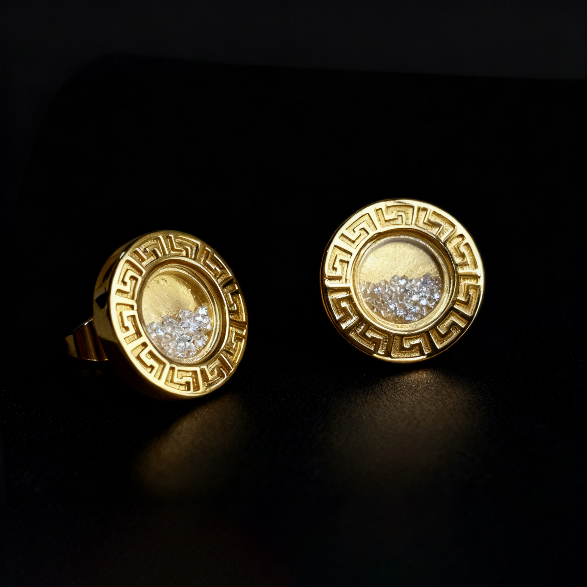 Greek Key Dancing Diamonds Stud Earrings Gold With Street Luxury Shine