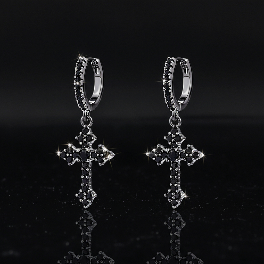 Iced Out Cross Dangle Earrings With Black Gold Plated With Gold Shine - Image 3