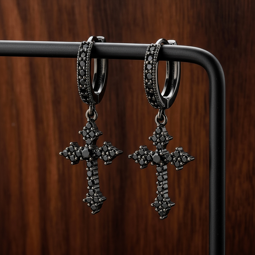 Iced Out Cross Dangle Earrings With Black Gold Plated With Gold Shine - Image 4