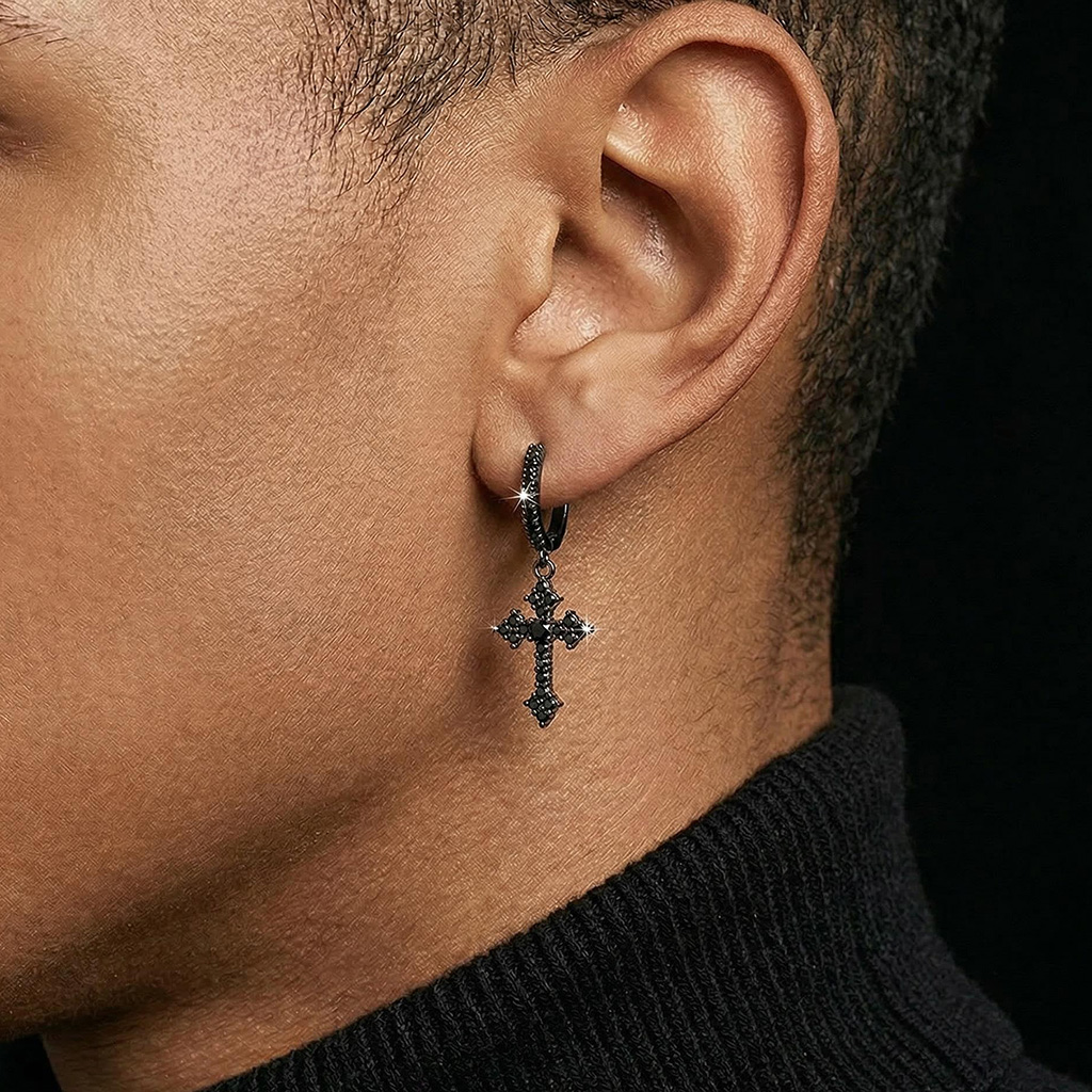 Iced Out Cross Dangle Earrings With Black Gold Plated With Gold Shine