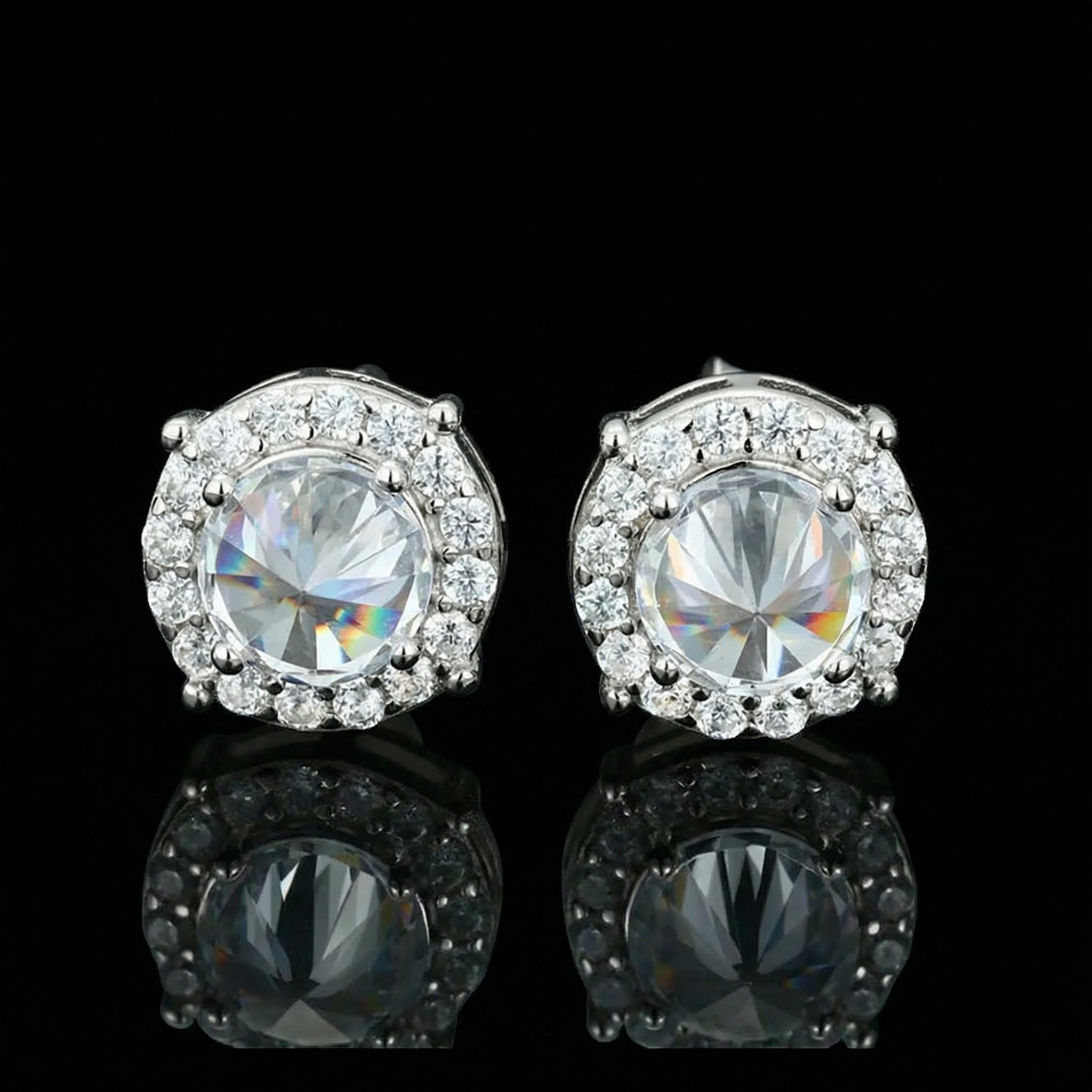 Iced Out Out Inverted Diamond Brilliant Round Cut Halo Stud Earrings Silver - Image 3