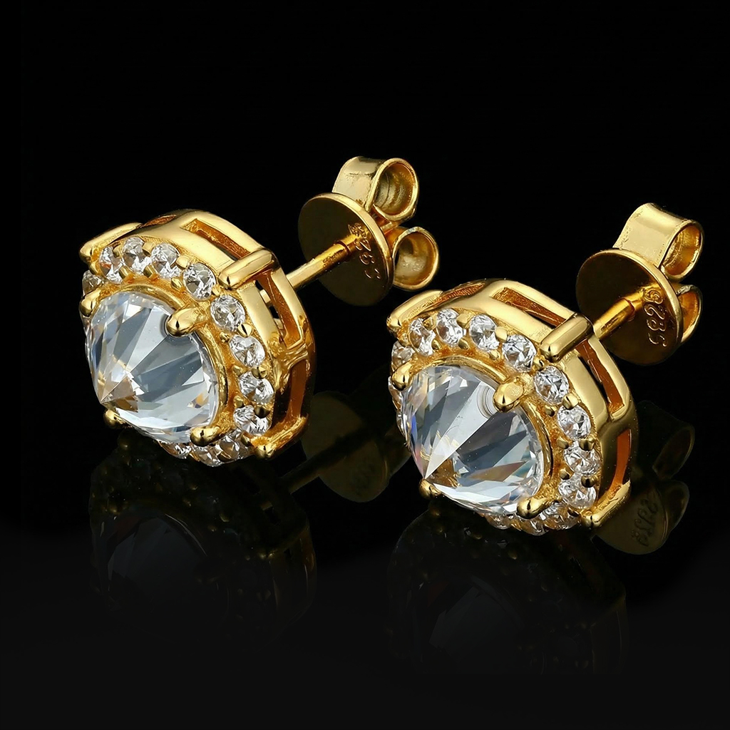 Iced Out Out Inverted Diamond Brilliant Round Cut Halo Stud Earrings Silver