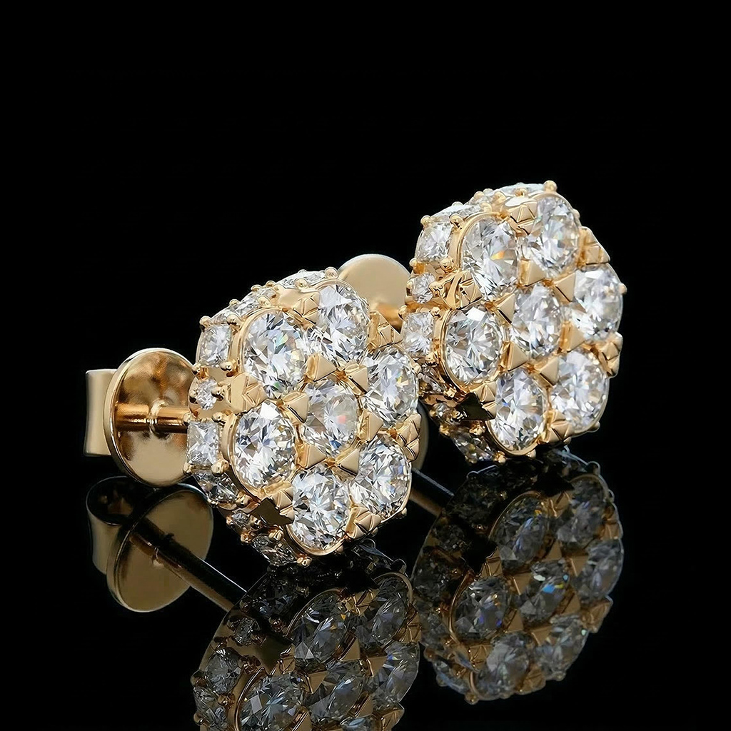 Iced Out Out Princess & Round Cut Cluster Earrings Moissanite