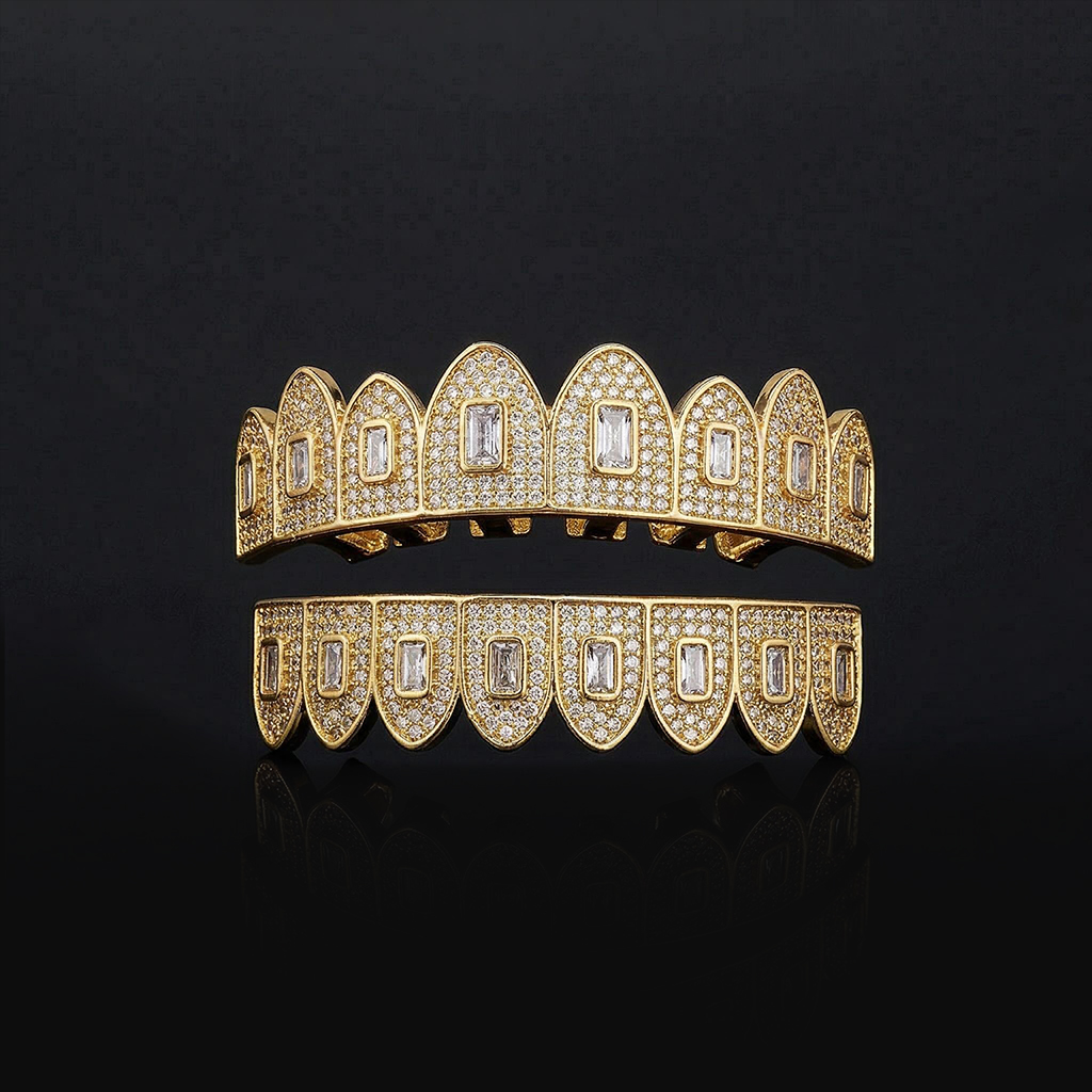 Iced Out Out Baguette Diamond Grillz Set For Hip Hop Jewelry Style
